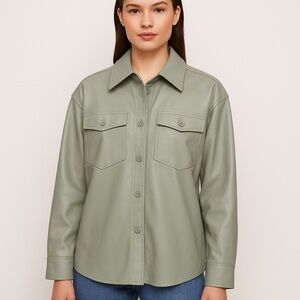 Babaton Faux Leather Shirt Jacket in Sage Green - Size M (Style FVL1‑4415‑21)